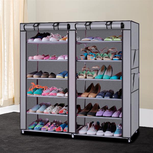 6-Row 2-Line 12 Lattices Non-woven Fabric Shoe Rack Gray